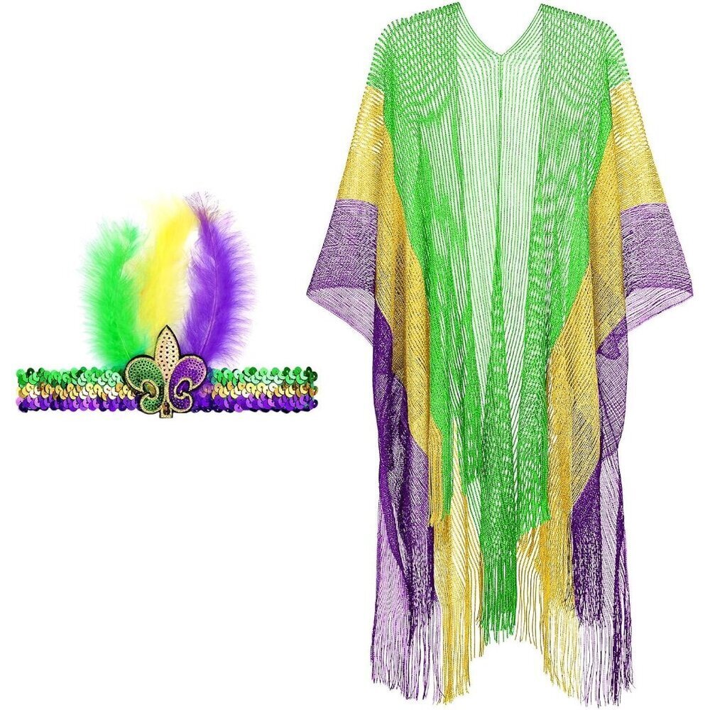 Mardi Gras Shawls Wraps Feather Headband Set Women's Party Carnival Accessories